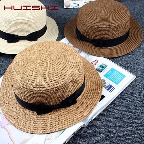 HUISHI Womens Summer Hat Parent-child Sun Straw Hat New Panama Cap Women Girls Sun Bucket Cap Beige Bowknot Bowtie Straw Beach