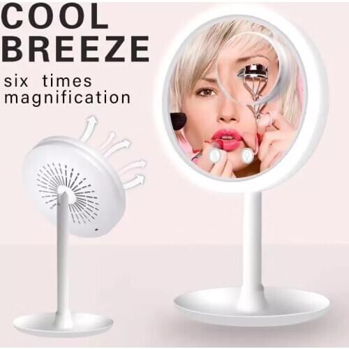 LED Makeup Mirror With Fan Desktop Foldable Touch Screen Makeup Mirrors Fill Light 5 Times Magnification 3 in1 LED Vanity Mirror
