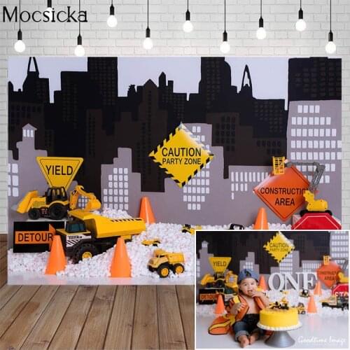 Construction Site Theme Excavator Caution Party Zone Roadblock Decor Props Children Birthday Cake Smash Backdrops Photo Studio