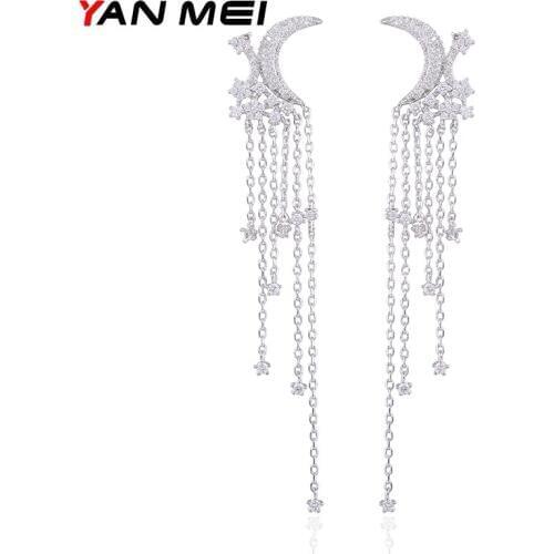 YAN MEI Women 2017 Moon Tassel White Gold Color AAA CZ Dangle Earrings Luxury Jewelry GLE6443Y