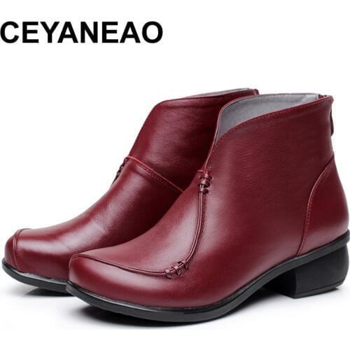 CEYANEAO2019New Autumn lady Winter Square Heels Short Shoes Genuine Leather Boots Back Zipper Women Ankle Boots Size 41-43 E1241