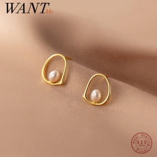 WANTME 925 Sterling Silver Fashion Hollow Natural Freshwater Baroque Pearl Stud Earrings for Womne Charming Simple Party Jewelry