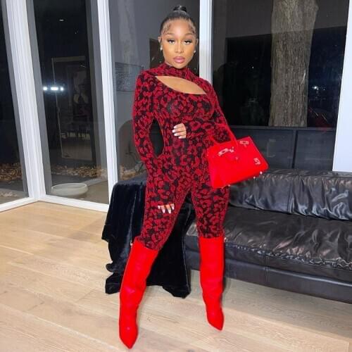 Fitness Leopard Women Long Sleeve Jumpsuit Hollow Out Bodycon Sexy Streetwear 2021 Spring Romper Party Club One Piece Outfits