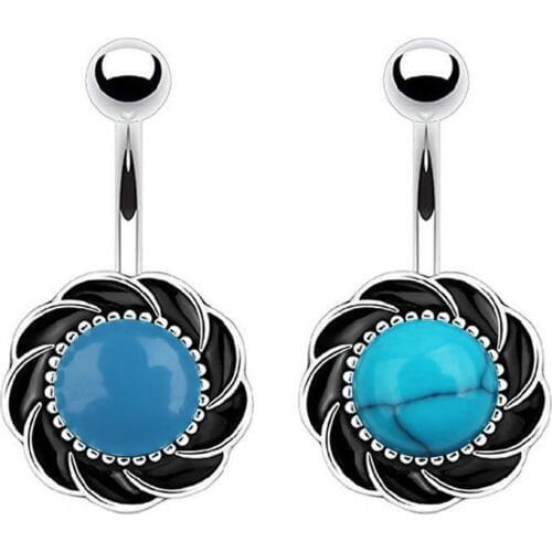 National Style Flower Blue Pattern Stone Sexy Body Piercings Navel Stainless Steel Belly Button Rings Women Gift Body Jewelry