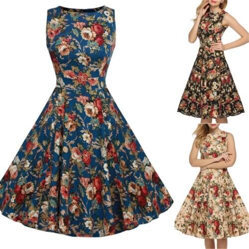 Womens Floral Sleeveless Skater Midi Dress Rockabilly Evening Party Flared Dresses Bodycon Dress Summer Dress Women