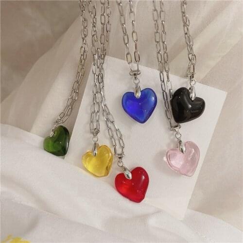 AOMU 2021 Korean Fashion Candy Color Transparent Love Heart Pendant Metal Necklace for Women Girls Jewelry Accessoreis