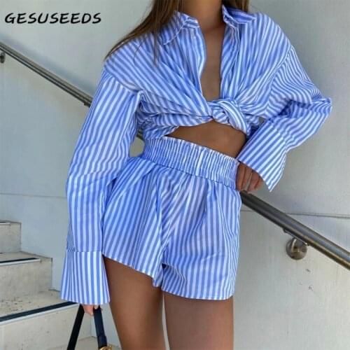 2021 Summer striped shirt women oversized shirt casual long sleeve blouses wide leg shorts high waist shorts sets womens outfits