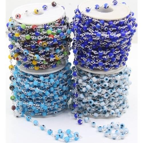 5Meter/Lot Plated Silvers Wire Wrapped Coloured Glaze Evil Eye Round Bead Rosary Chain,4mm 6mm Enamel Lampwork Glass Necklaces