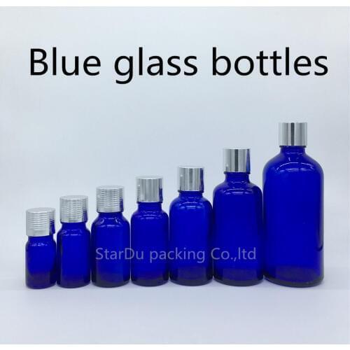 5ml 10ml 15ml 20ml 30ML 50ml 100ml blue Glass Bottle, Essential Oil blue Bottle with silvery screw cap Perfume bottle 100pcs