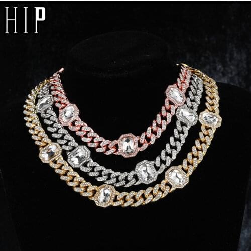 Hip Hop 12MM Iced Out Square Crystal Cuban Chain Necklace Bracelet For Men Women Jewelry