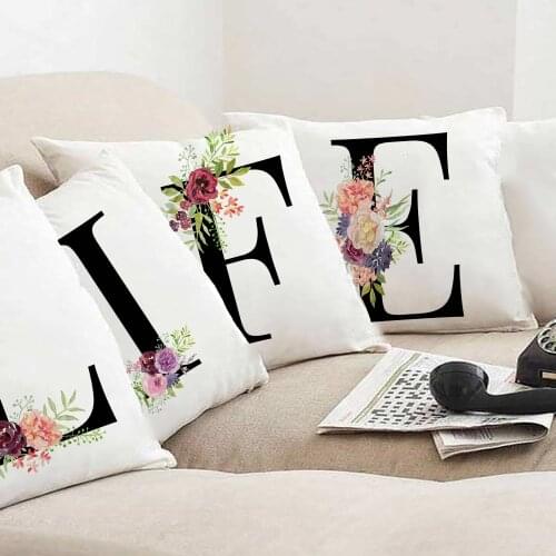 Black Letter Flower Print Pillow Case with English Alphabet Cushion Throw Cover for Sofa Living Room Decor Decoration 45x45cm