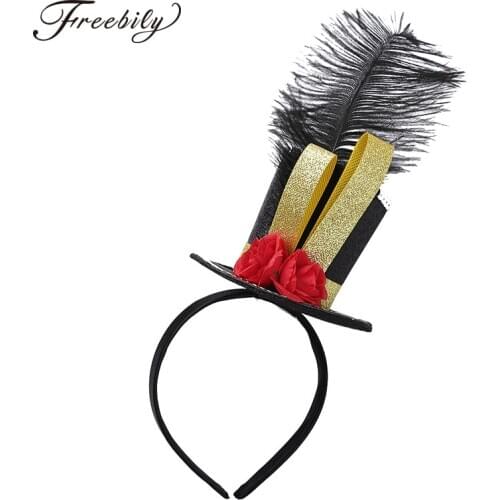 Kids Girls Fancy Steampunk Mini Top Hat Fascinator Headband with Feather Rose for Halloween Carnival Party