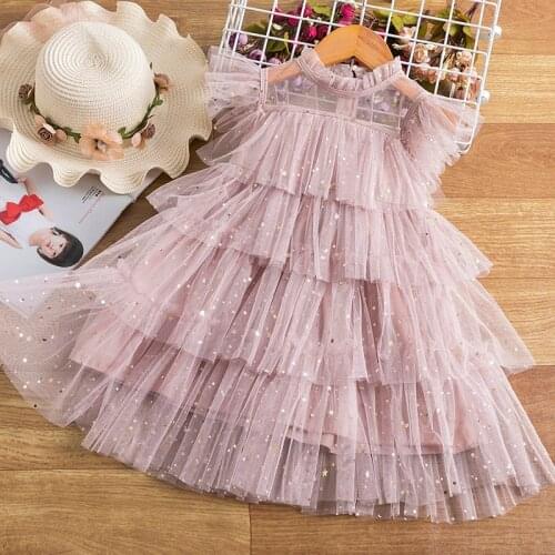 Children Dresses For Girls Princess Lace Mesh Sequin Layers Cake Tutu Party Gown Kids Eleagnt Wedding Birthday Fashion Clothes