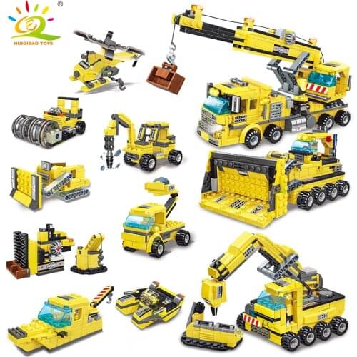 HUIQIBAO TOYS 693pcs 8in1 Engineering Crane Shovel Loader Building Blocks For Children City Construction Bulldozer Truck Bricks