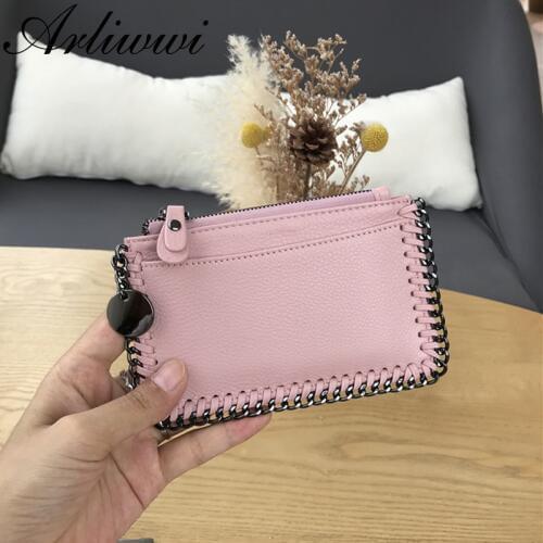 Arliwwi New Genuine Leather Purse Simple Chain Mini Women Wallets Personality Small Zipper Lovely Coin Card Holder Wallet G04