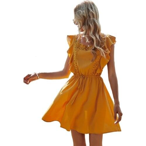 Lace Mini Dresses Ruffles Short Sleeve Splice Women Vintage Yellow Solid Backless Summer Hollow Out Boho Beach Vestidos Dress