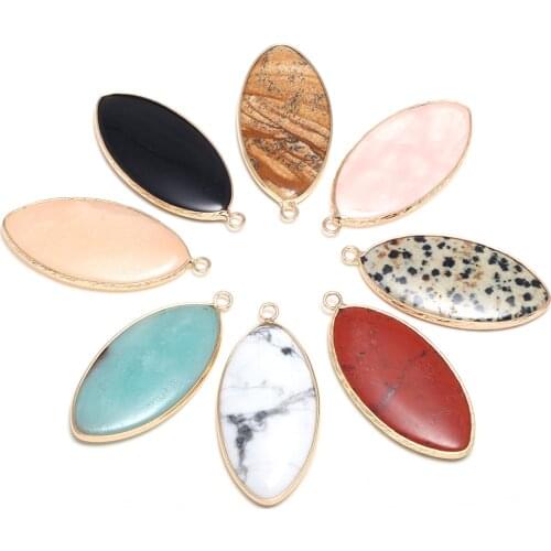 Natural Stone Pendant Marquise Shape Rose Crystal/Black Agates Pendant for Making Charms Jewelry Necklace Earrings Gifts 20x45mm