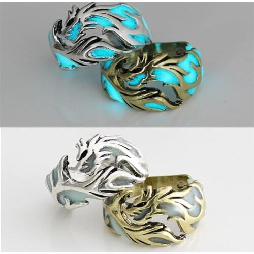 Men Gothic Punk Noctilucent Dragon Rings Vintage Silver Plated Luminous Glow In The Dark Pterosaur Ring for Boy Halloween