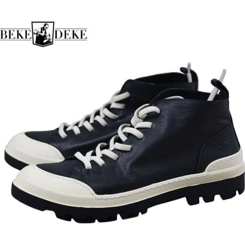 Men Outdoor Platform Casual Shoes Retro Lace Up White High Top Ankle Shoes Spring High Quality Real Leather Work Biker Shoes