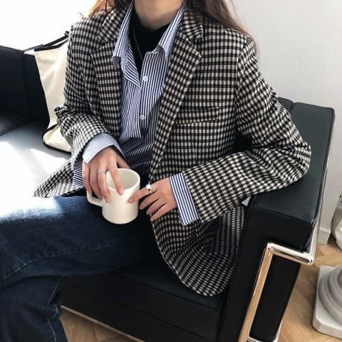 Office Ladies Top Fashion Casual Button Plaid Blazers 2021 Spring Autumn New Womens Work Single-Breasted Notched Blazer Coat