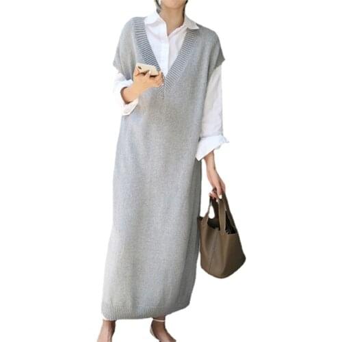Thick Knit Long Dress Female Knitted Vest Dress Casual Winter Oversize Straight Sleeveless Sweater Dress Women