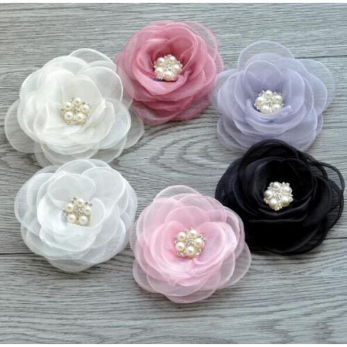 Yundfly 3pcs 4.3" Newborn Gauze Layered Flower With Rhinestone For Baby Girls Hair Accessories Rose Flowers DIY Headbands