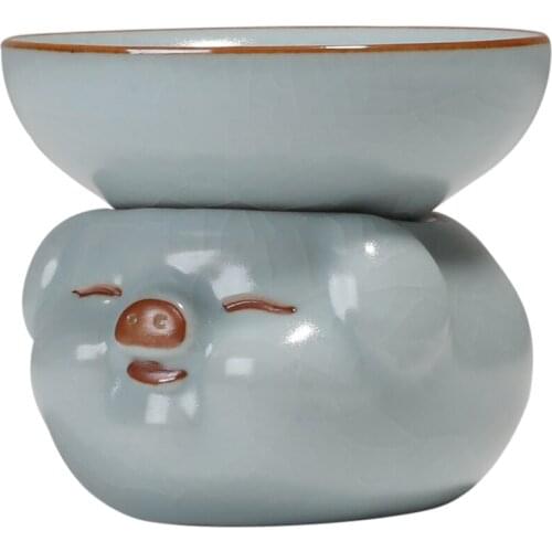Handmade Ru Ware Cute Zodiac Pig Porcelain Tea Filter Tea Strainer Tea Dust Filter Screen Tea Ceremony Utensils