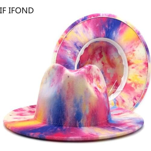 2022 New Fashion Wool Elegant Tie Dye Felt Fedoras Hats For Women Men Wide Brim Derby Wedding Top Caps