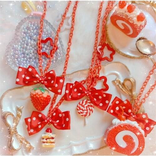 Handmade Lolita Sweet Red Bowknot Strawberry Cake Dessert Pendant Necklace Accessories D423