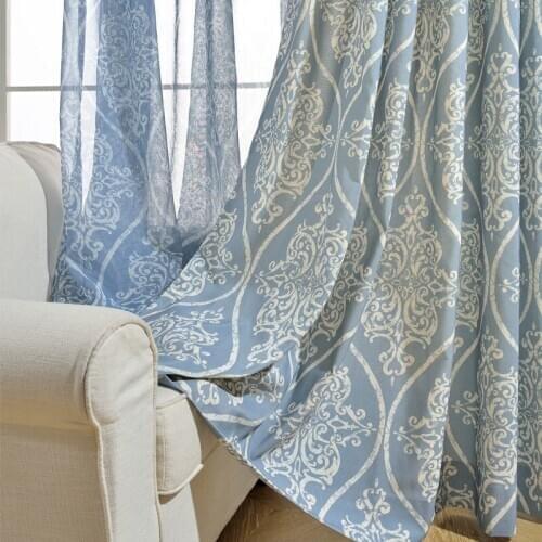 Boutique Blue Curtains Nordic Living Room Bedroom Study Polyester Cotton Printing Environmental Protection Curtains Tulle Custom