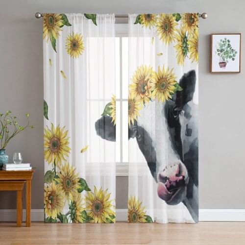 Country Style Sunflower Cow Chiffon Tulle Curtains for Living Room Kitchen Bedroom Sheer Voile Yarn Window Treatment