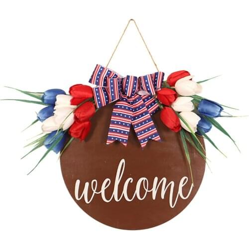 Wreath Welcome Sign For National Day Decoration. Ribbon Wood 40CM Silk Flowers Pendant Garden Decorative Accessories Garland