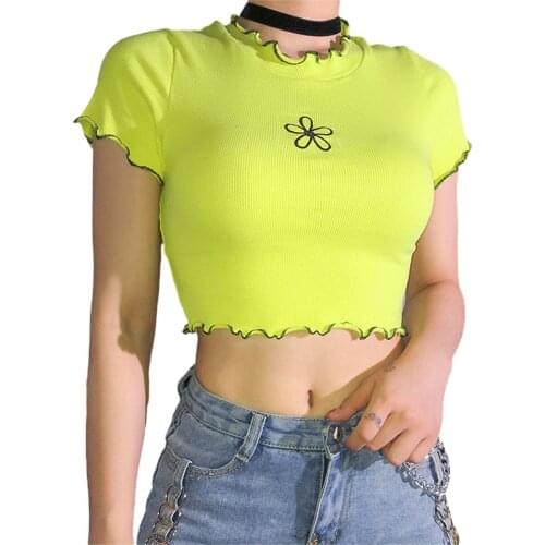 Fashion Women Girls Green Shirt Casual Slim Lace Frill Shirts Cropped Tops Summer Flower O-Neck Shirts Female Tops Streetwear