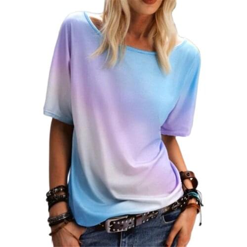 New Summer Womens Fashion Casual O-Neck Short Sleeve T-Shirt Gradient Color Printing Shirts Lady Casual Loose Plus Size Top 5XL