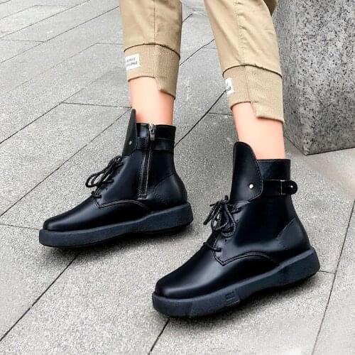 Fad Vogue Solid Black Leather Boots Female Martin Boots Winter Shoes Ankle Boots for Women Shoes Woman Lace Up Snow Boots