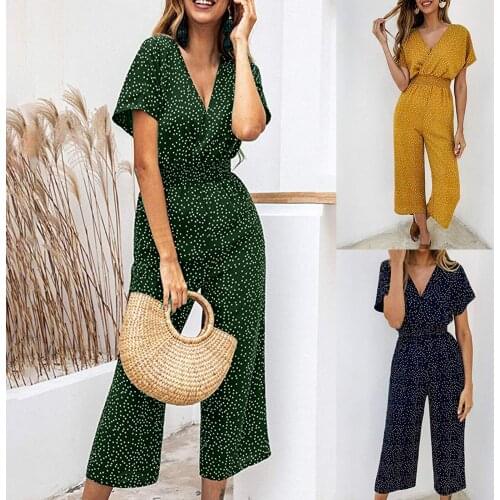 Women Elegant V-Neck Summer Jumpsuit Sexy Polka Dot Printing All-match Casual Women V-neck Jumpsuits Rompers for Vacation Fashio