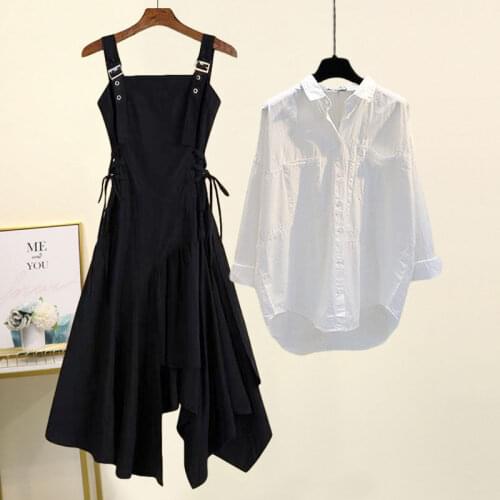Plus Size Womens Suit Spring New Fashion Suspender Skirt + Shirt Two-piece Suit