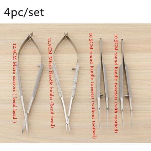 4pcs/set ophthalmic microsurgical instruments 12.5cm scissors+Needle holders +tweezers stainless steel surgical tool