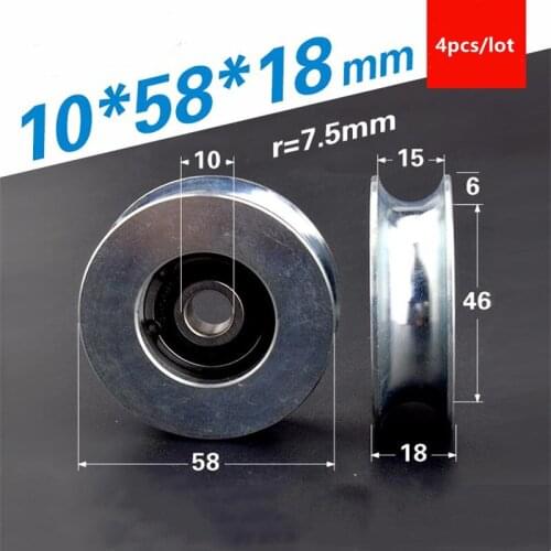 4pcs/lot 10*58*18mm U type groove bearing built-in clip spring pulley guide wheel 6cm steel wheel galvanized iron wire 6200RS