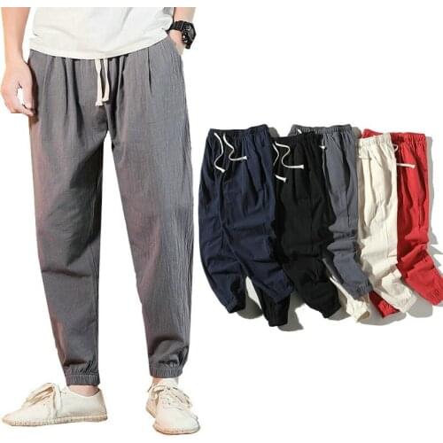 Nice Summer Men Casual Pants Thin Cotton Trousers Elastic Waist Joggers Harem Pants Streetwear