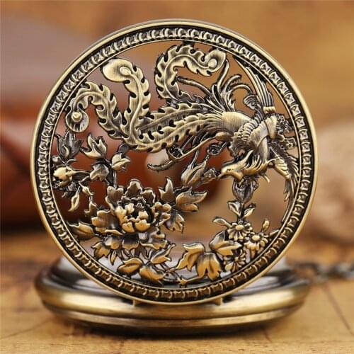 Retro Hollow Out Phoenix Pocket Watch Men Women Automatic Mechanical Watches Copper Skeleton Clock with FOB Pendant Chain Gift