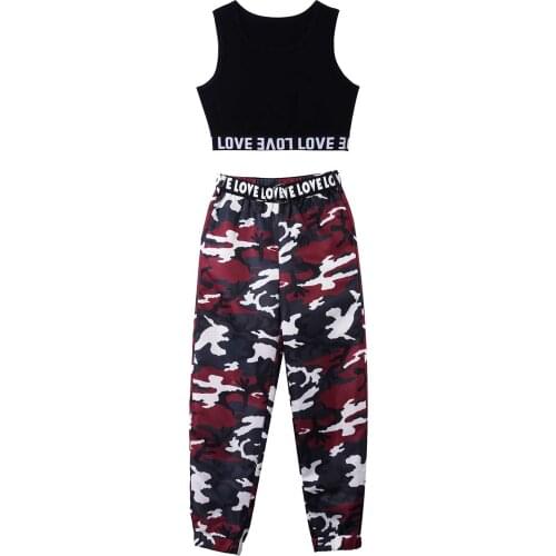 Kids Girls Sport Suit Outfits Dance Workout Clothes Casual Sportswear Sleeveless Running Gym Crop Vest with Camouflage Pants Set