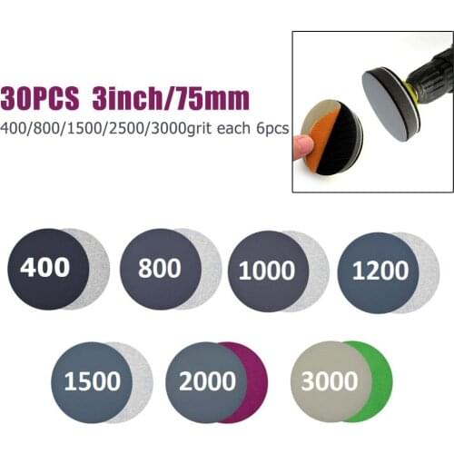 30 Pcs 3 Inch Sanding Disc Sandpaper W/ Hook & Loop Wet/Dry Round Polishing Disc 400-3000grit For Buffing Tools Accessories