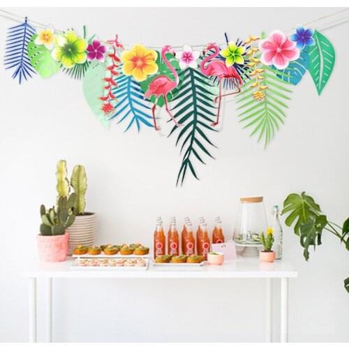 Creative Flamingo Leaves Pull The Flag Plant Leaves flamingo Plumeria Pull Flag Tropical Theme Hawaii Party Home Decorations