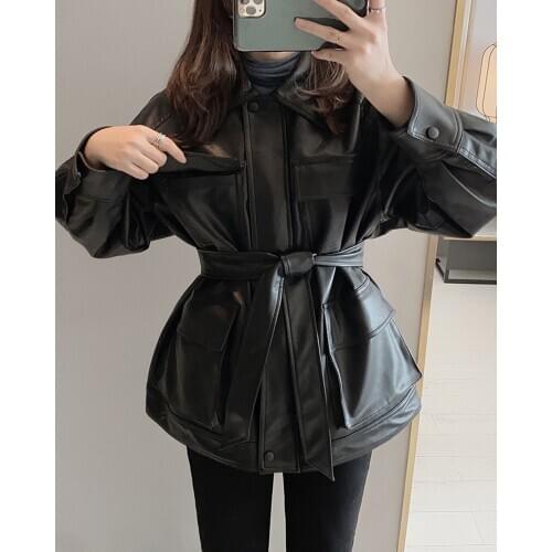 Jaqueta Couro Feminina Real Leather Jacket New Waist Pocket Locomotive 2020 Autumn Pu Women Sleeve Zipper Loose Conventional