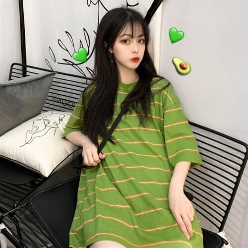 Sweet Womens T-shirt Kawaii Cute Top 2019 Korean Style Fashion Ullzang Round Neck Stripe Printed Plus Size Clothes