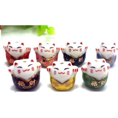 4pcs CUte Mini mixed style ceramic beads Maneki Fortune cat DIY Charm For Jewelry