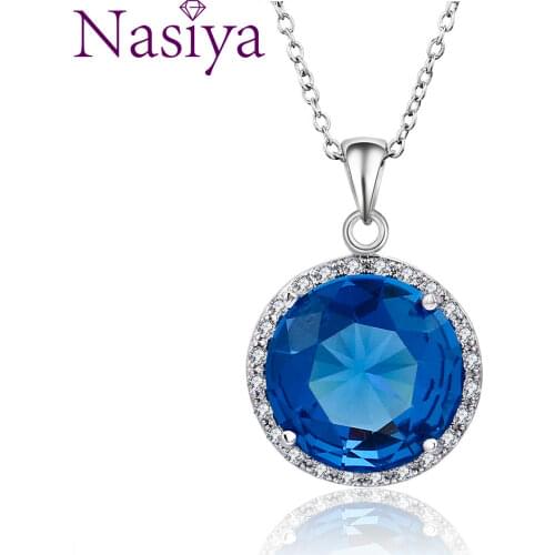 Fashion Hot Pendant Necklace Large Inlay Round 15MM Color Tourmaline Blue Zircon Pendant Necklace Party Gift