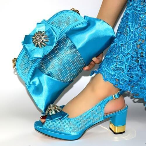 Doershow beautiful Shoes and Bag Set African Sets sky blue Color Italian Shoe Bag Set Decorated with Rhinestone!HIM1-21