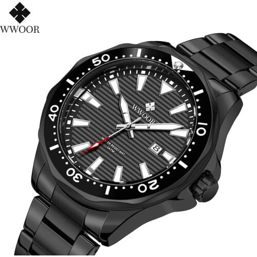 WWOOR 2021 New Luxury Full Black Steel Watches Men Sport Diving Quartz Luminous Waterproof Military Wristwatch Relogio Masculino